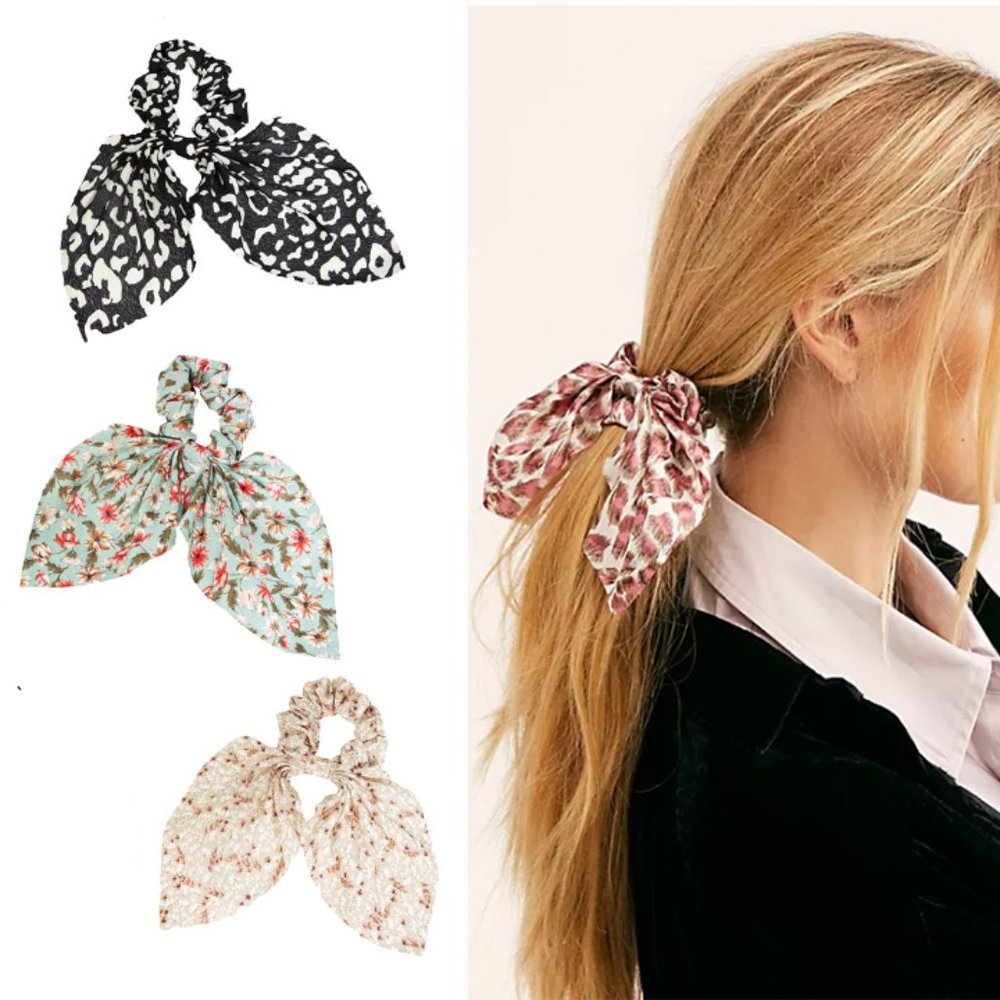 NWT Set-of-3 Knotted Bow Scrunchies in Leopard and Floral Prints